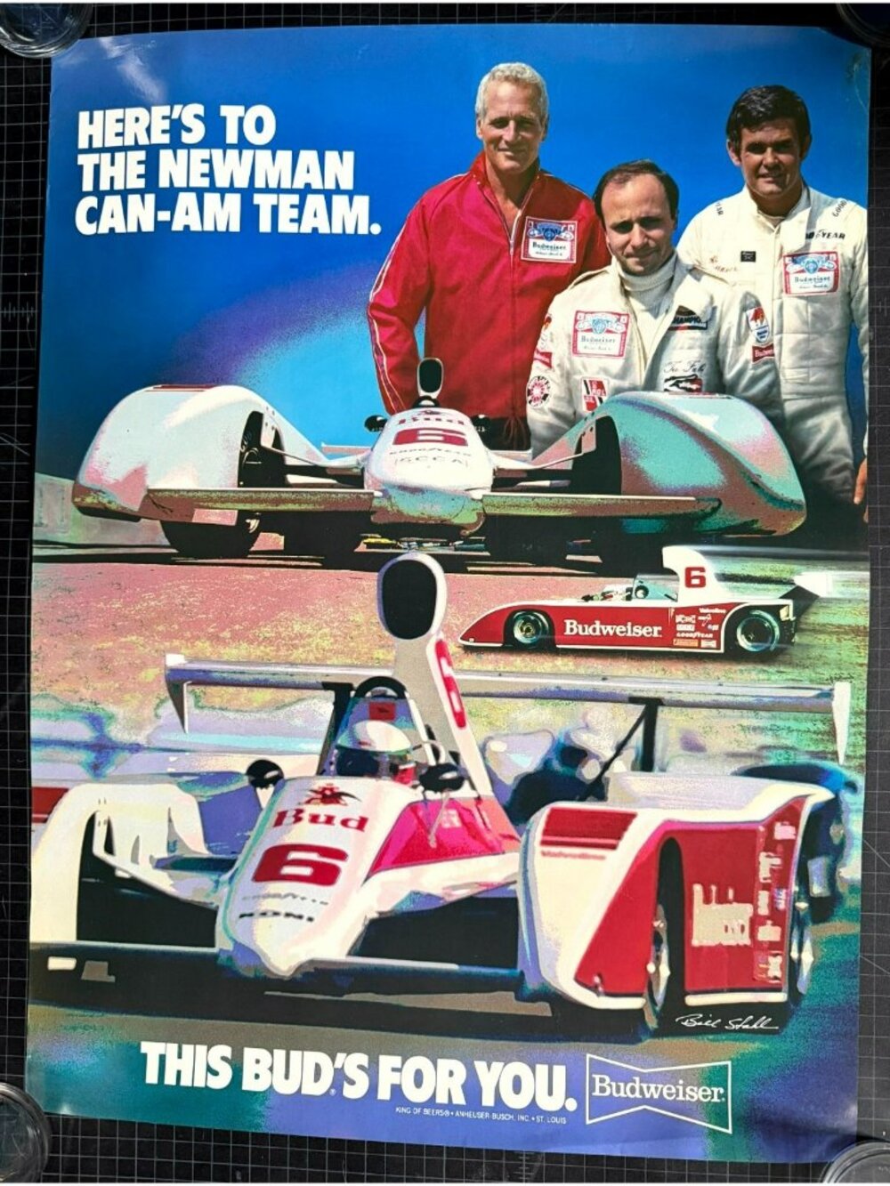 ORIGINAL VINTAGE PAUL NEWMAN CAN-AM TEAM BUDWEISER BEER RACING POSTER 21" X 28"